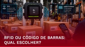 Centro de distribuição moderno com processos de identificação e rastreamento de produtos, ilustrando a comparação entre tecnologias RFID e código de barras para operações logísticas e industriais.
