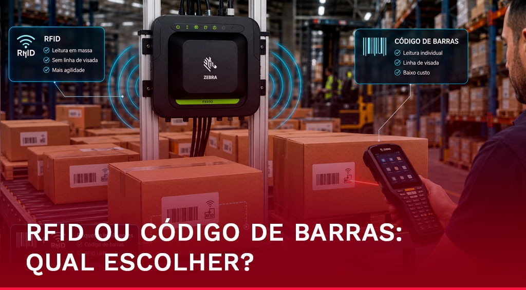 Centro de distribuição moderno com processos de identificação e rastreamento de produtos, ilustrando a comparação entre tecnologias RFID e código de barras para operações logísticas e industriais.
