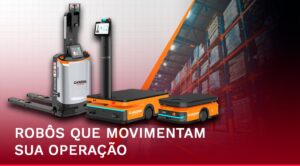 Robô móvel autônomo (AMR) operando em ambiente industrial e logístico, realizando transporte inteligente de materiais com segurança, eficiência e automação de processos internos.