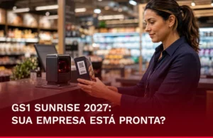 Profissional utilizando leitor de código 2D em produto durante preparação para o GS1 Sunrise 2027.