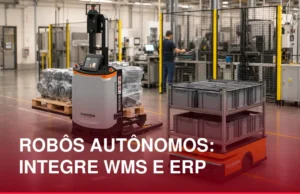 Robô empilhadeira FMR movimentando carga paletizada e robô AMR transportando um rack em fábrica integrada ao WMS e ERP