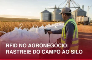Profissional do agronegócio utilizando leitor RFID para identificar big bags de grãos, com lavoura, silos e caminhão ao fundo