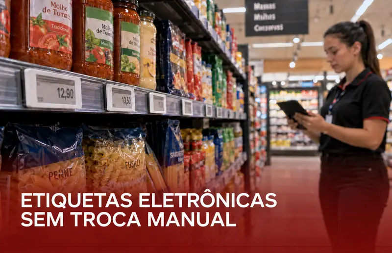 Etiquetas eletronicas instaladas em prateleira de supermercado enquanto funcionaria acompanha a atualizacao pelo tablet