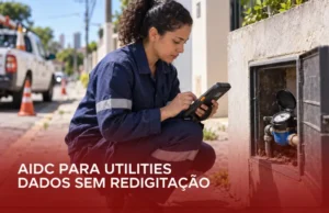 Técnica de concessionária registrando a leitura de um medidor de água com coletor de dados robusto em operação de campo.