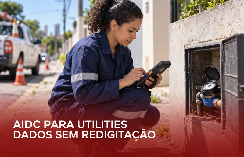 Técnica de concessionária registrando a leitura de um medidor de água com coletor de dados robusto em operação de campo.