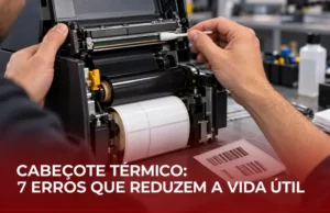 Técnico realizando a limpeza do cabeçote de uma impressora térmica industrial de etiquetas