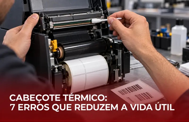 Técnico realizando a limpeza do cabeçote de uma impressora térmica industrial de etiquetas