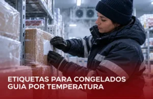 Profissional aplicando etiqueta resistente ao frio em caixa de alimentos dentro de uma câmara frigorífica