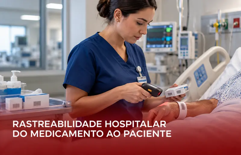 Enfermeira conferindo o código de barras de um medicamento e a pulseira de identificação do paciente no hospital